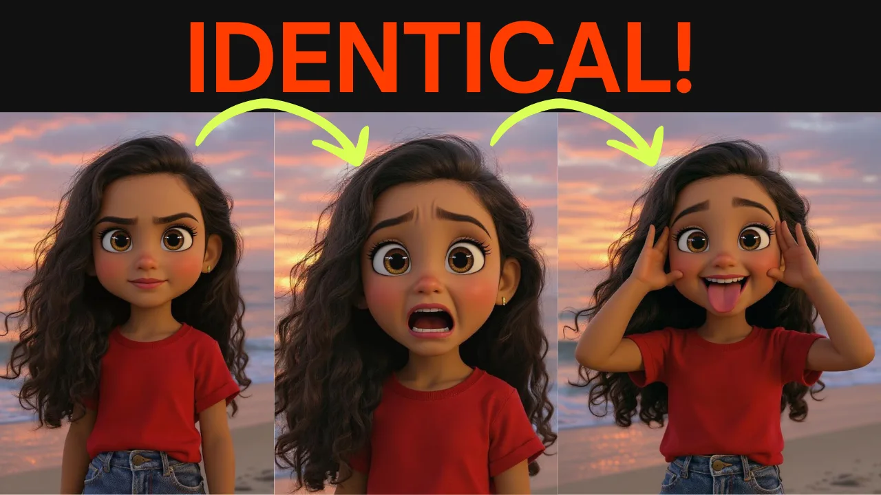The same cartoon girl in three expressions, identity held constant